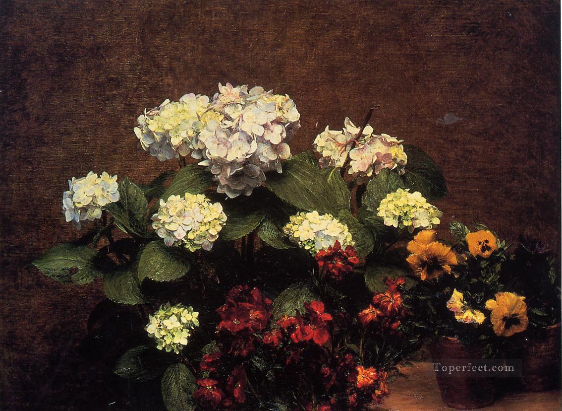 Hydrangias Cloves and Two Pots of Pansies flower painter Henri Fantin Latour Oil Paintings